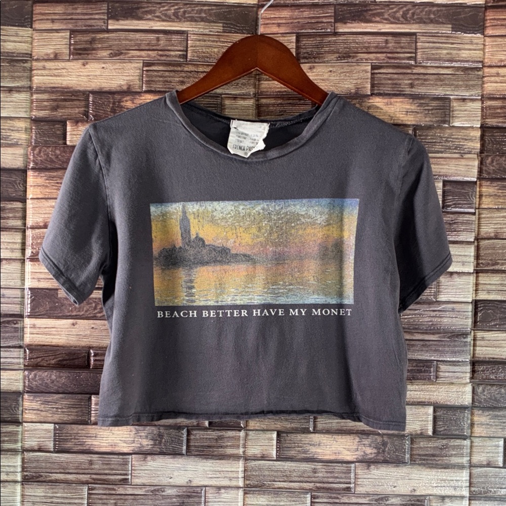 Womens Used French Pastry “Beach better have my Monet” Gray Crop Top XS